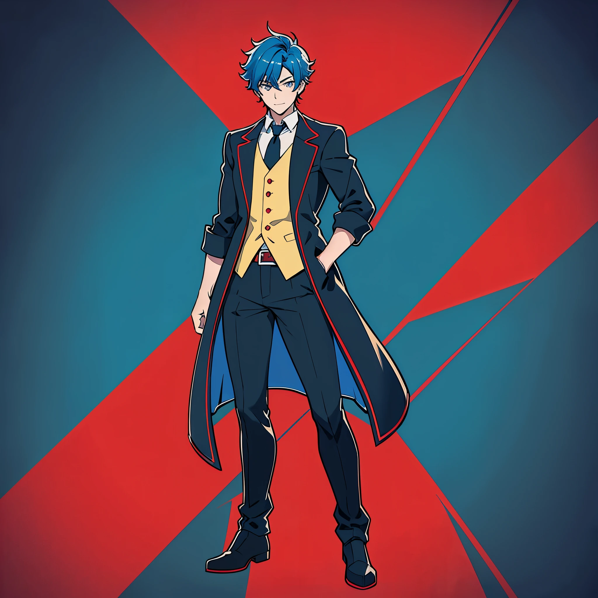 anime man, full body, happy expression, blue hair, red coat, 1boy, masterpiece, (beautiful and aesthetic:1. 5), thick black lineart, clean lineart, perfect lineart, variable lineart, clean anime outlines, sharp lineart,  high quality, best quality, saturated colours, dynamic lighting, HD,