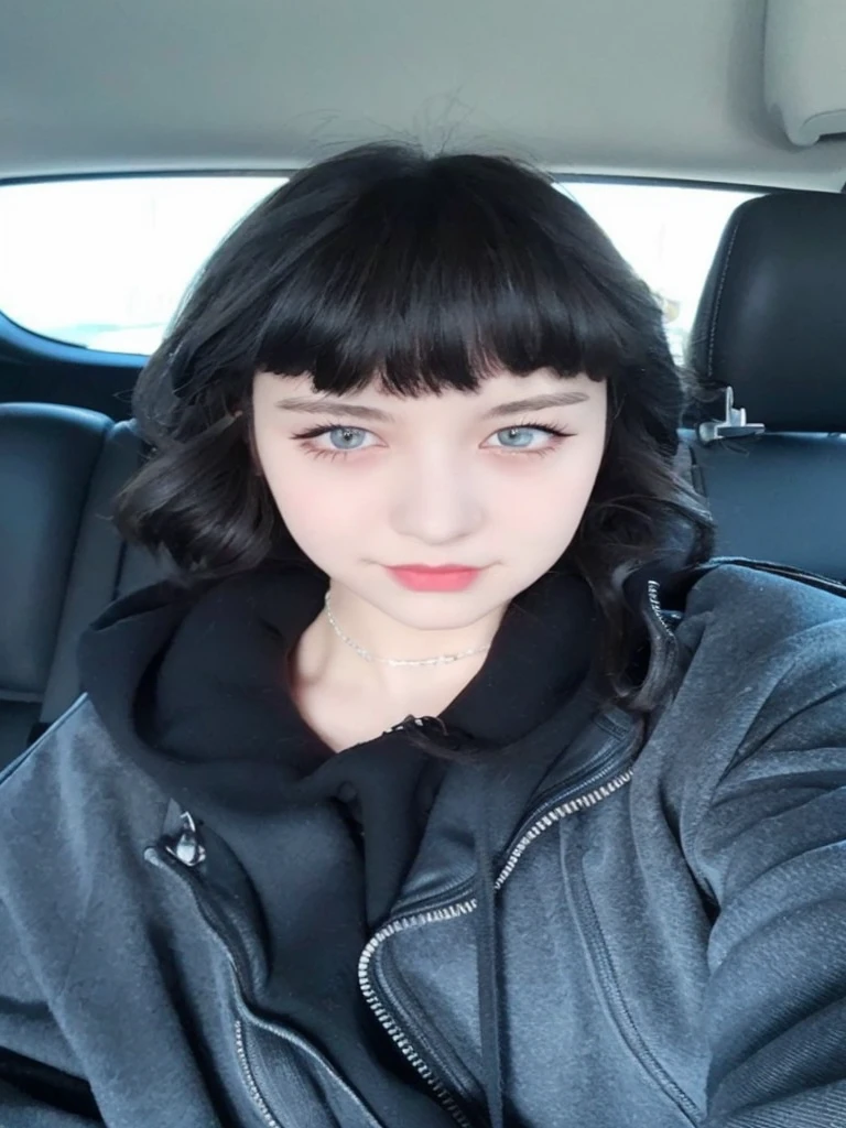 Pale teenage girl with silky black hair and bangs above her eyebrows, with small pink lips and a small, thin potato nose and light green eyes, taking photo in a black car looking at the camera in a black hoodie