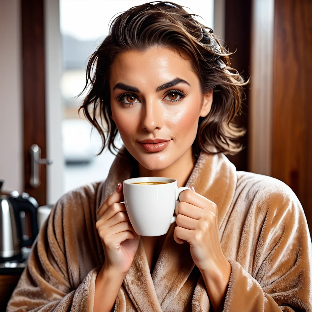 
bearded lady stubble beard shaggy, brown eyes, wet brown hair slicked back, big nose, in dressing gown serves coffee