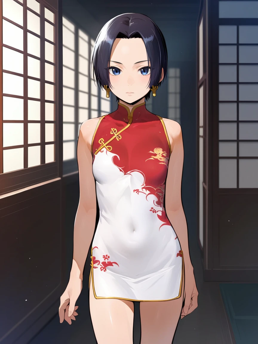 score_9, score_8_up, source_anime, solo, 1girl, tomboy, dress, annie leonhart, attack on titan, lole, young, ((aged down)), ikuchan, black hair, black hair, oriental, Chinese dress, short dress, short hair, indoors, boob window, pussy slip