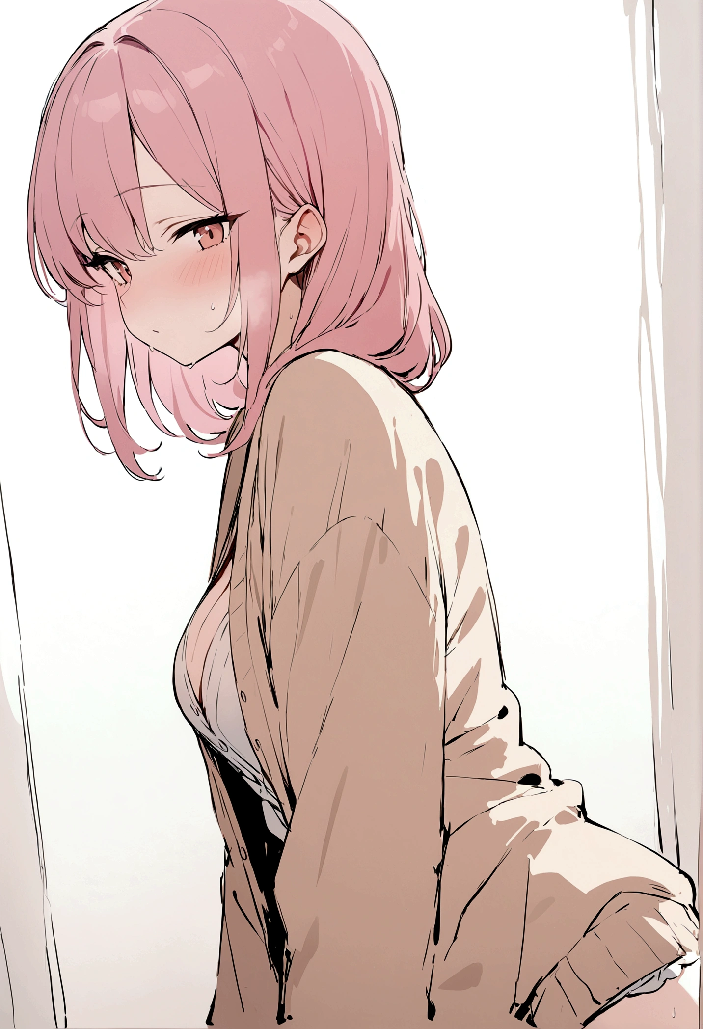 masterpiece, best quality, sketch, Pink Hair,masterpiece, best quality, faint blush, Cardigan,