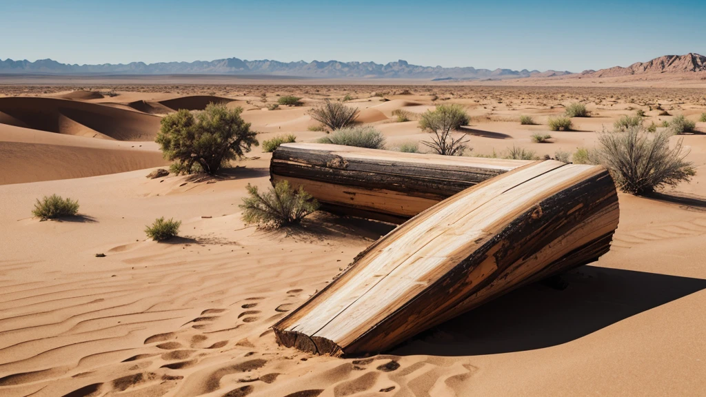 a log in the middle of a desert, realisitic