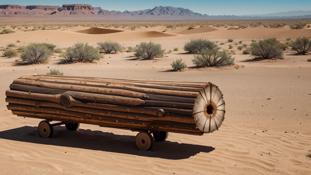 a log in the middle of a desert, realisitic