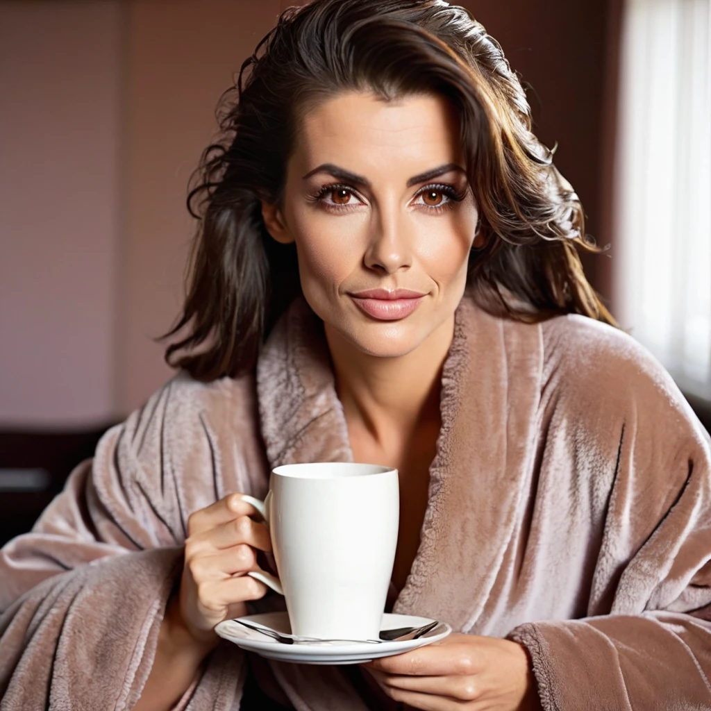 bearded lady stubble beard shaggy, brown eyes, wet brown hair slicked back, big nose, in dressing gown serves coffee