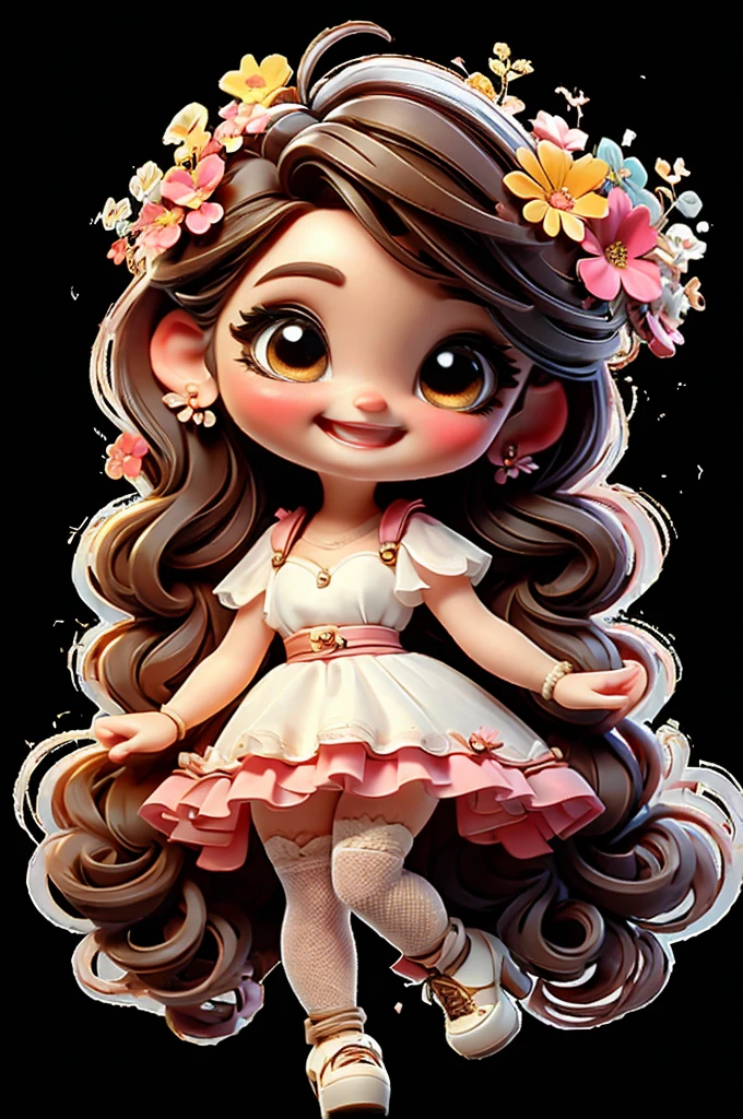 cute  chibi girl brown hair, flower in head, white and pink background, smiling happy, 
