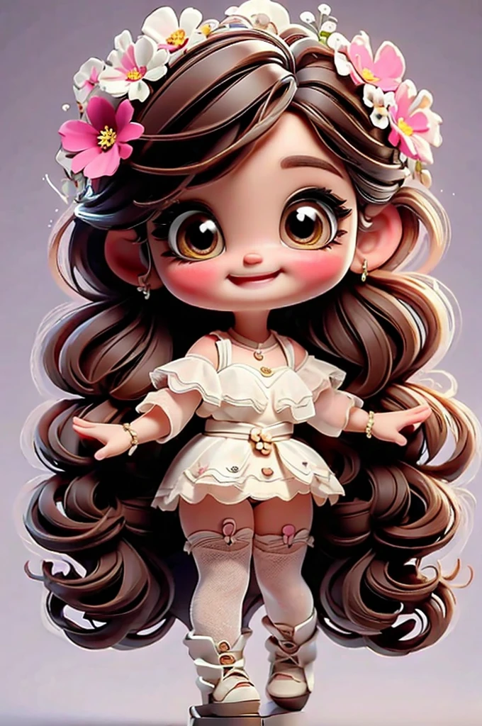 cute baby chibi girl brown hair, flower in head, white and pink background, smiling happy, 
