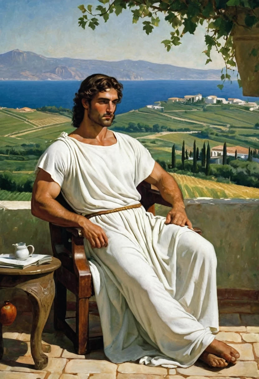 Manly, muscular Greek Noble from the hellenistic Period of Ancient Greece. The man is relaxing in his home with a vast expanse of green fields in the background, far from his vineyard. The man is wearing nothing but a simple white tunic and his broad muscules are very much on display. He has long brown hair but no hair on his face.