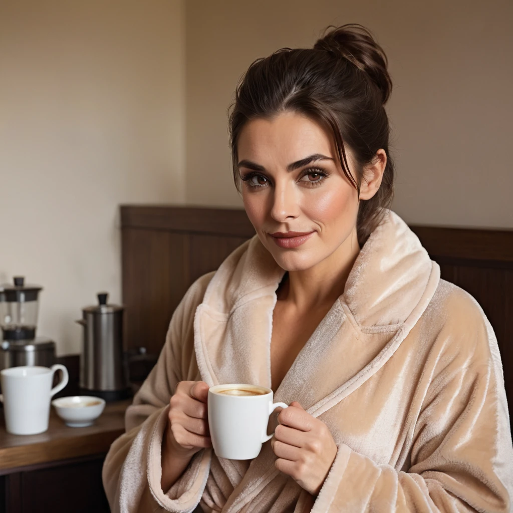 
bearded lady stubble beard shaggy, brown eyes, wet brown hair slicked back, big nose, in dressing gown serves coffee