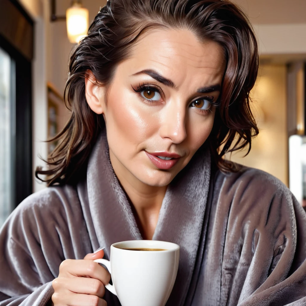 bearded lady shaggy, brown eyes, wet brown hair slicked back, big nose, in dressing gown serves coffee