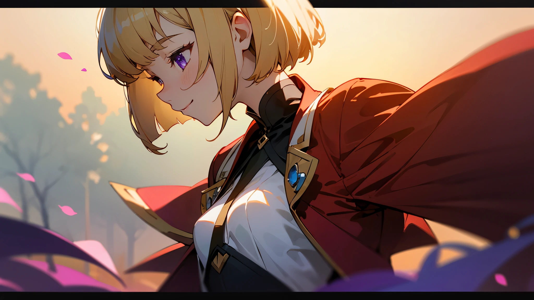 1 Girl、anime painting、Upper body close-up、profile、Natural Proportions、thin、Small breasts、smile、White skin、(blonde)、Bobcut、Beautiful purple eyes、Red jacket、(Long sleeve blouse)、Frilled blouse、生意気なsmile、Squint your eyes、Park in the background、sunset、Soft lighting.、Background blur、Written boundary depth