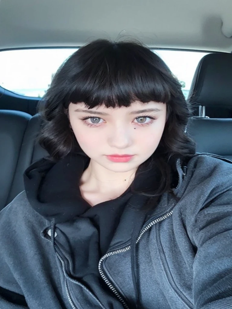 Pale teenage girl with silky black hair and bangs above her eyebrows, with small pink lips and a small, thin, dark brown potato nose, taking photo in a black car looking at the camera with a black hoodie and good quality 