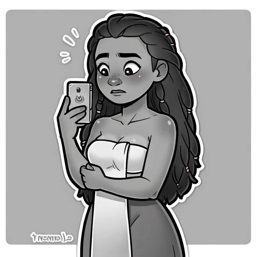 score_9_presence, score_8_up, moana, wrapped in towel, medium breasts, holding phone