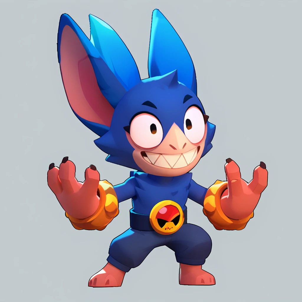 full body view of a furry creature, creature with a round body, anthropomorphic, blue fur, long ear, bulging eyes, sharp teeth, smiling, nuclear bracelet on left arm, wearing a pentalon, brawl, brawl stars