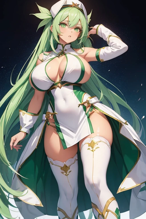 (girl1), (anime), white, with long green hair, jade green eyes, an 18 year old woman, with white stockings and a y dress, wearing a herostume consisting of a white sleeveless swimsuit with purple details and a yellow crescent moon on his chest. She also wears purple high boots, white spiked gloves and metal plates on her waist and feet, (look at the size of her breasts, e size AA+:1.5)