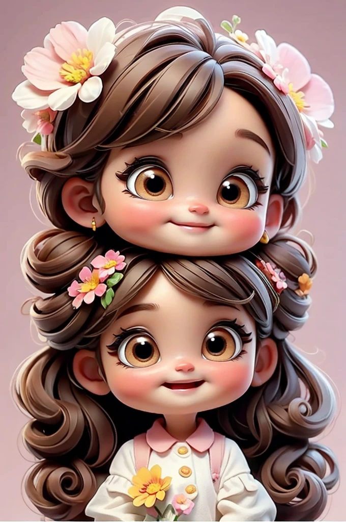 cute baby chibi girl brown hair, flower in head, white and pink background, smiling happy,
