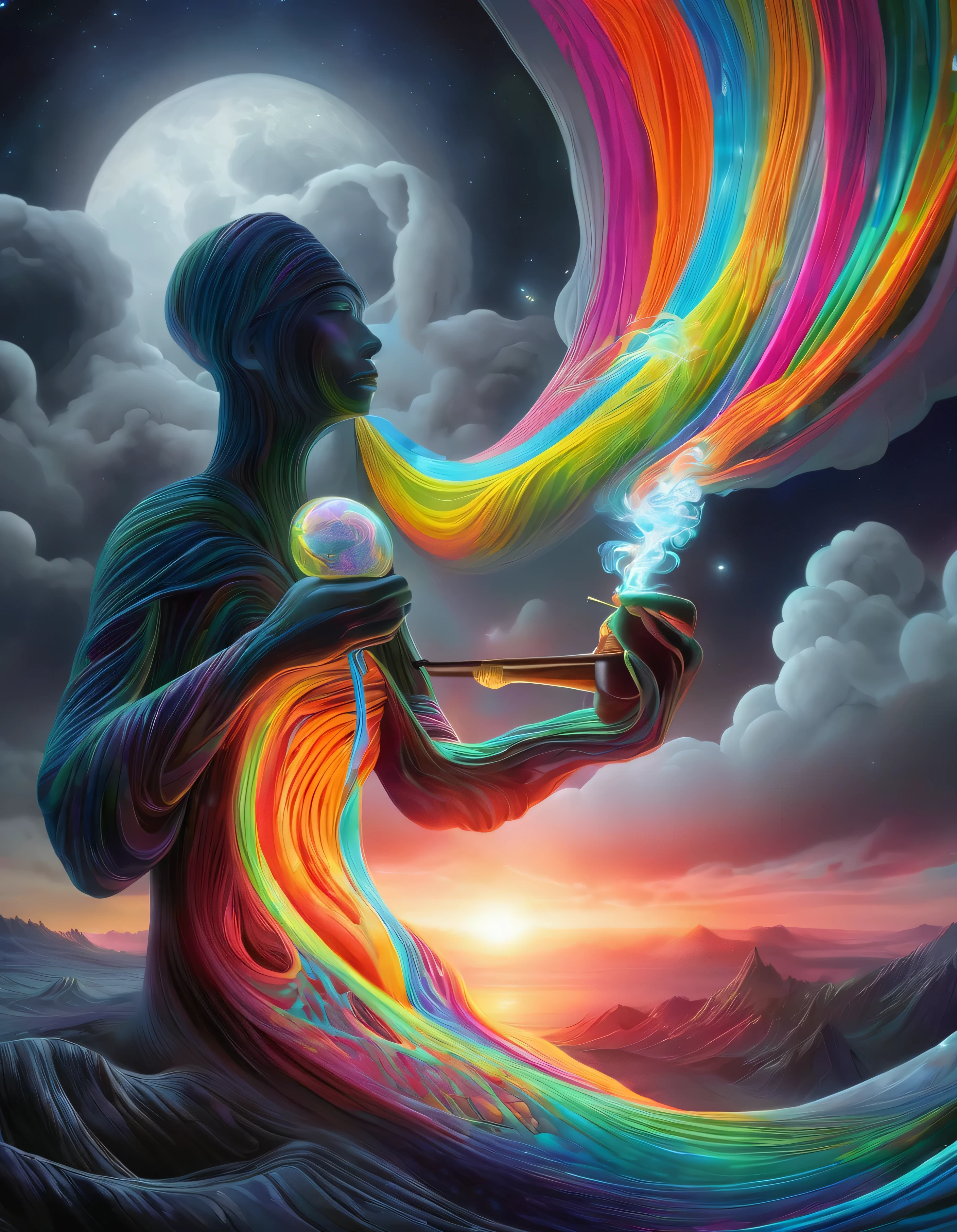 A dmt entity smoking a pipe made of flowing, thread-like fluorescent neon material pulls itself apart from the torso revealing a breathtaking cartoon dreamlike landscape bathed in the gray light of sunset that is vortexing into a dream spiral. The contrast between the dark, ethereal form and the vivid bright colours, open expanse beyond evokes a sense of revelation and transformation. This striking image captures the unveiling of hidden beauty and emergence of inner worlds.