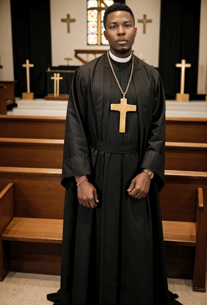 A (( young black male pastor wearing a large cross pendant, clergy collar, and robes)), in his ((living room)) with a ((50 year church mother who is wearing revealing clothing and is extremely busty showing a gross amount of cleavage)).