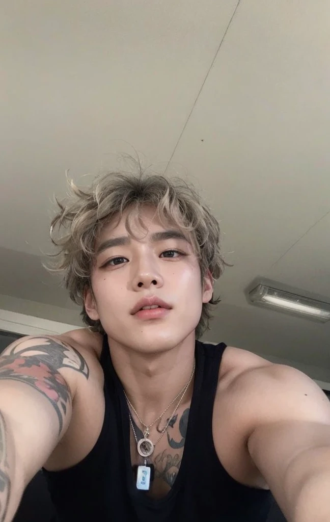 Taehyung blonde, holding an iphone 13 in hand, improve quality