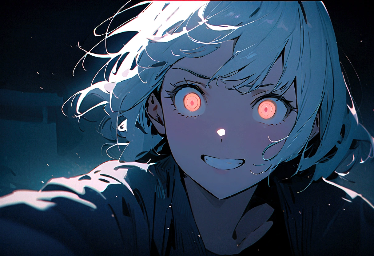 (8K, RAW Photos, Highest quality, masterpiece: 1.4), Ultra-high resolution, Very detailed, Light, Upper body close-up, One girl, White eyes, (Eyes of Terror, Shining eyes:1.2), Portrait of the Exorcist, Desolate house, Scared,direful,dark, High Quality Shadows, Natural light, (White highLights:1.2), night, cloudy day, (at home:1.2), (floating:1.2),moody, special effects, light particles, chromatic aberration, shallow depth of field, film, filmic, casting shadow, dark, grin, dynamic pose