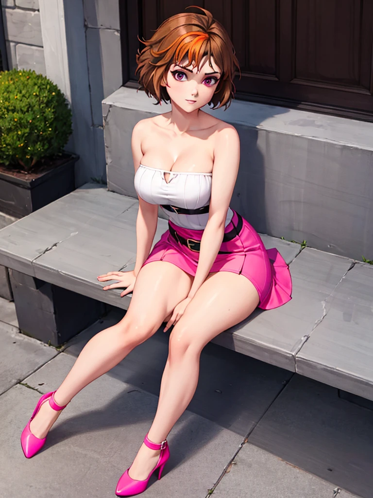 merula, thighs, tonified legs, solo girl, pink high heels, wide hips, medium breast, pink string belted skirt, sitting, white strapless top