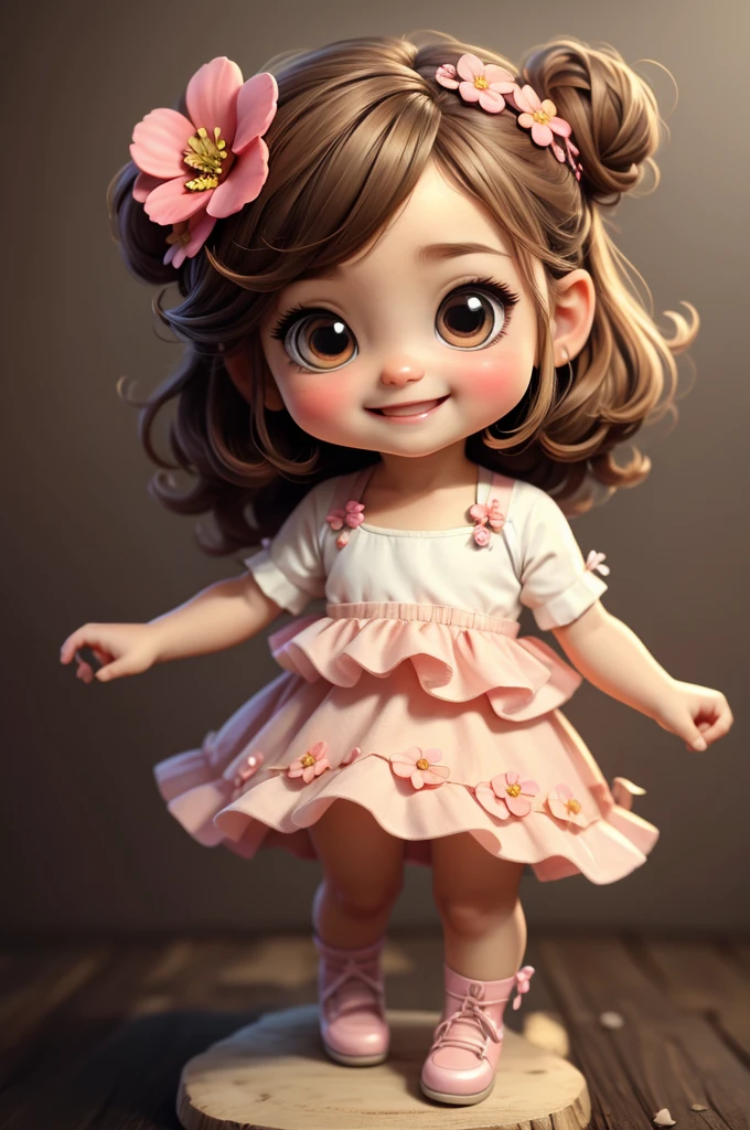 cute baby chibi girl brown hair, flower in head, white and pink background, smiling happy,
