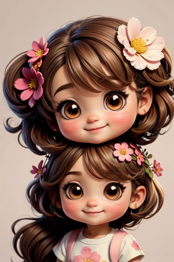 cute  chibi girl brown hair, flower in head, white and pink background, smiling happy,
