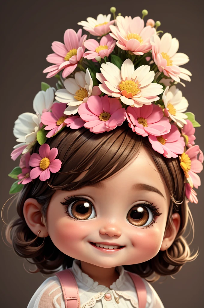 cute baby chibi girl brown hair, flower in head, white and pink background, smiling happy,
