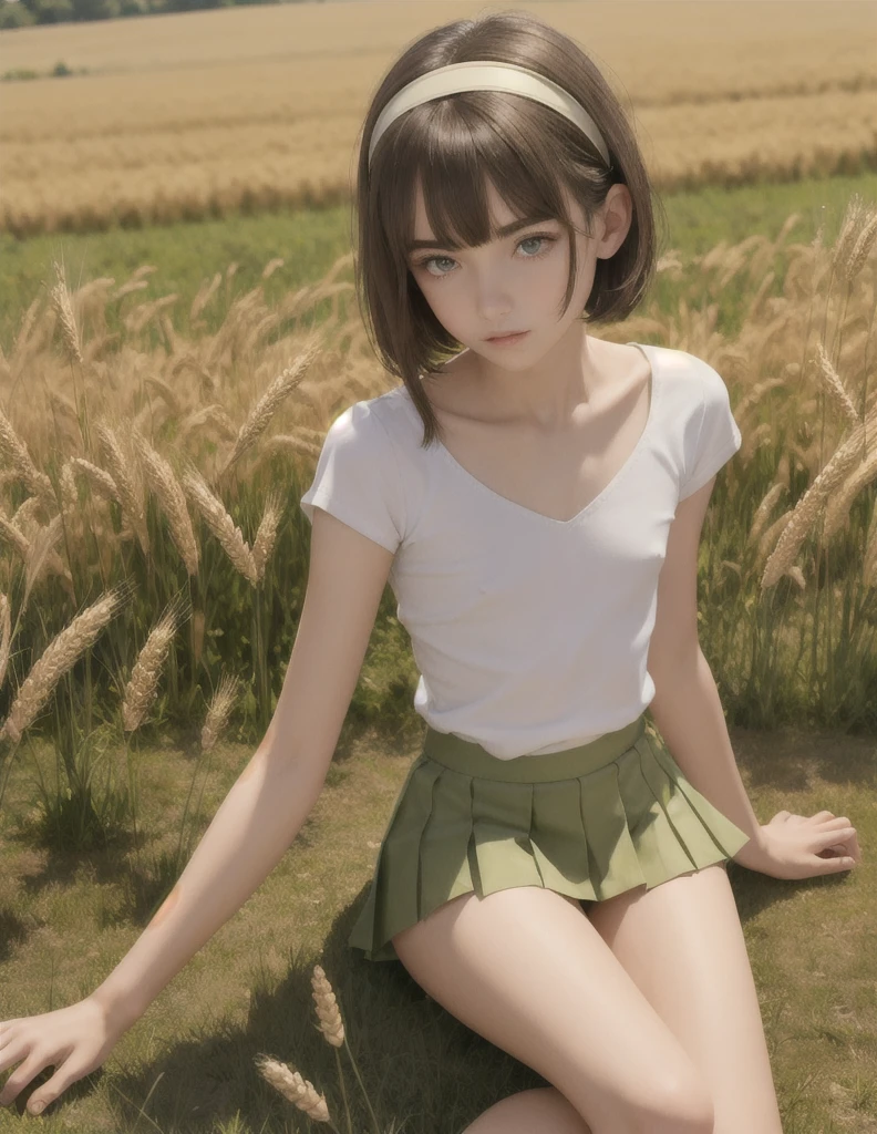 masterpiece, best quality, highly detailed, 1girl, slim, small-waisted, flat chest, perky chest, bangs, short hair, brown hair, hairband, sidelocks, blunt bangs, short hair with long locks, green eyes, detailed eyes, short sleeves, light white shirt, pleated light high waisted micro skirt, sweat, sitting, legs apart, field of wheat