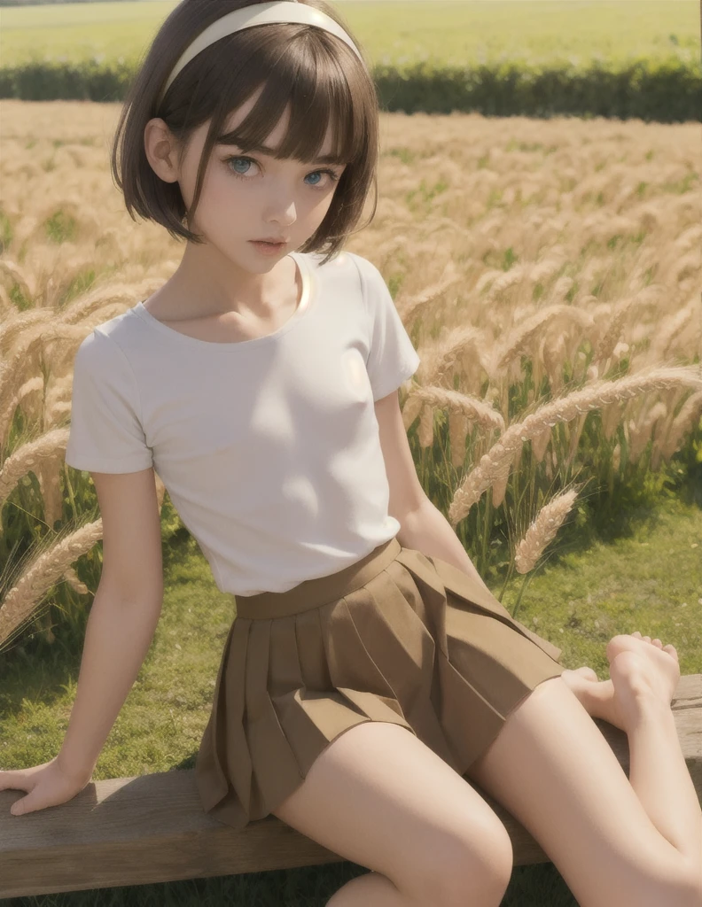 masterpiece, best quality, highly detailed, 1girl, slim, small-waisted, flat chest, perky chest, bangs, short hair, brown hair, hairband, sidelocks, blunt bangs, short hair with long locks, green eyes, detailed eyes, short sleeves, light white shirt, pleated light high waisted micro skirt, sweat, sitting, legs apart, field of wheat