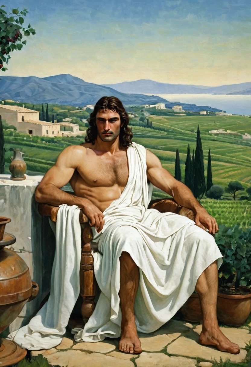 Manly, muscular Greek Noble from the hellenistic Period of Ancient Greece. The man is relaxing in his home with a vast expanse of green fields in the background, far from his vineyard. The man is wearing nothing but a simple white tunic and his broad muscules are very much on display. He has long brown hair. A man with no beard.