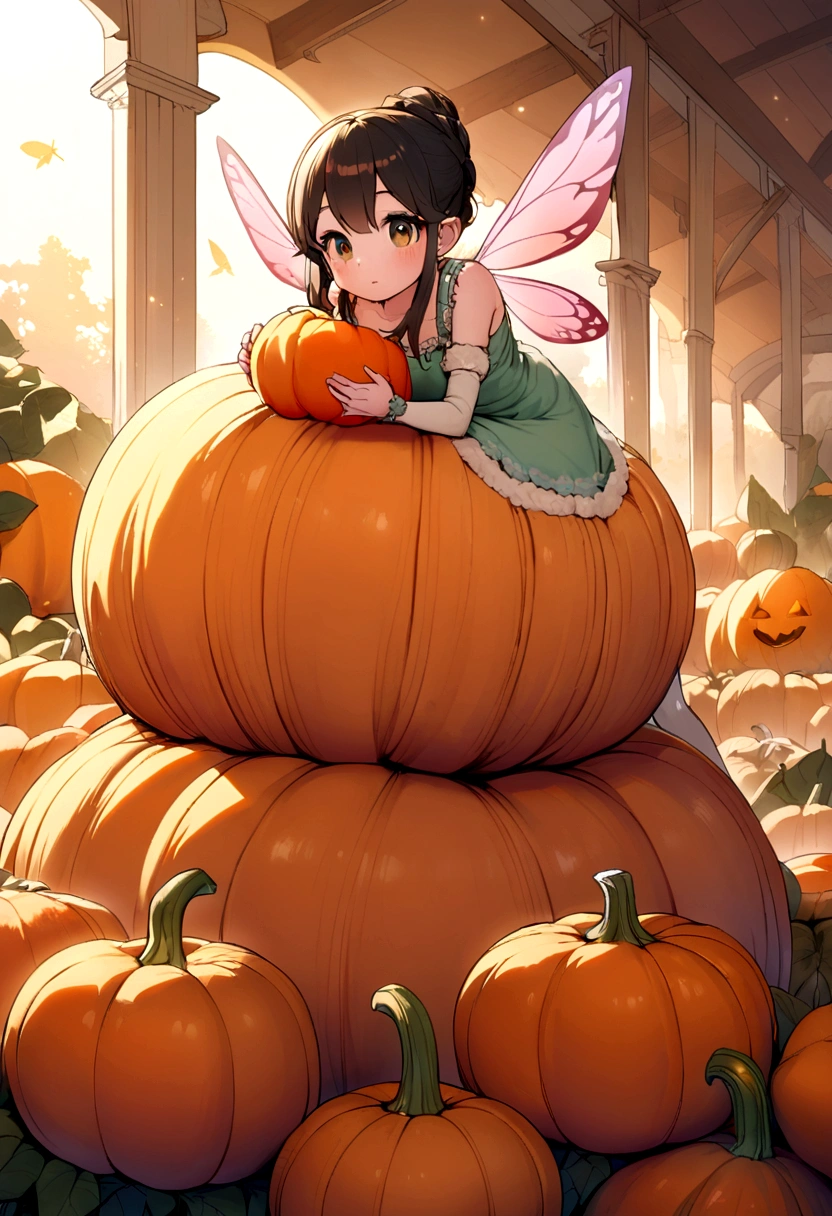 a fairy flying over a pile of Pumpkins , holding one Pumpkin on her hand