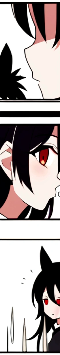 Anime girl, black hair, long bangs, spiky hair, and black cat ears that look like horns, with grey and black lines in the shirt, with black panties, red eyes, comic, she talks to a guy and ends up sucking his dick