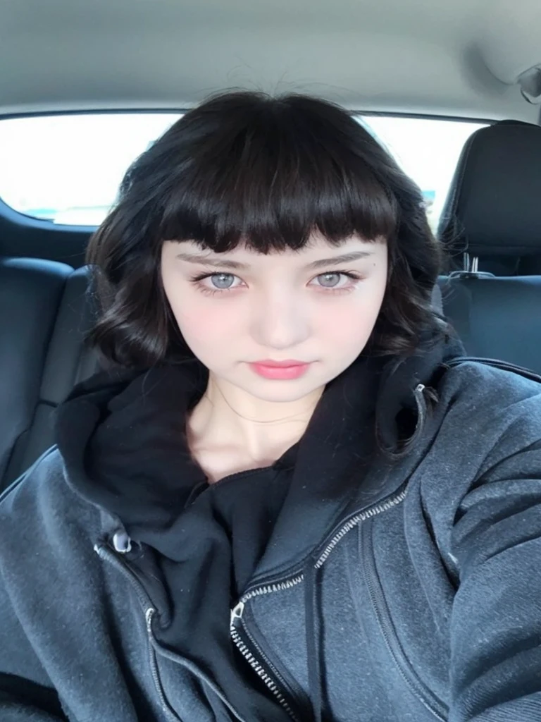 Pale age girl with silky black hair and bangs above her eyebrows, with small pink lips and a small, thin potato nose and dark brown eyes, taking photo in a black car looking at the camera with a black hoodie and good quality