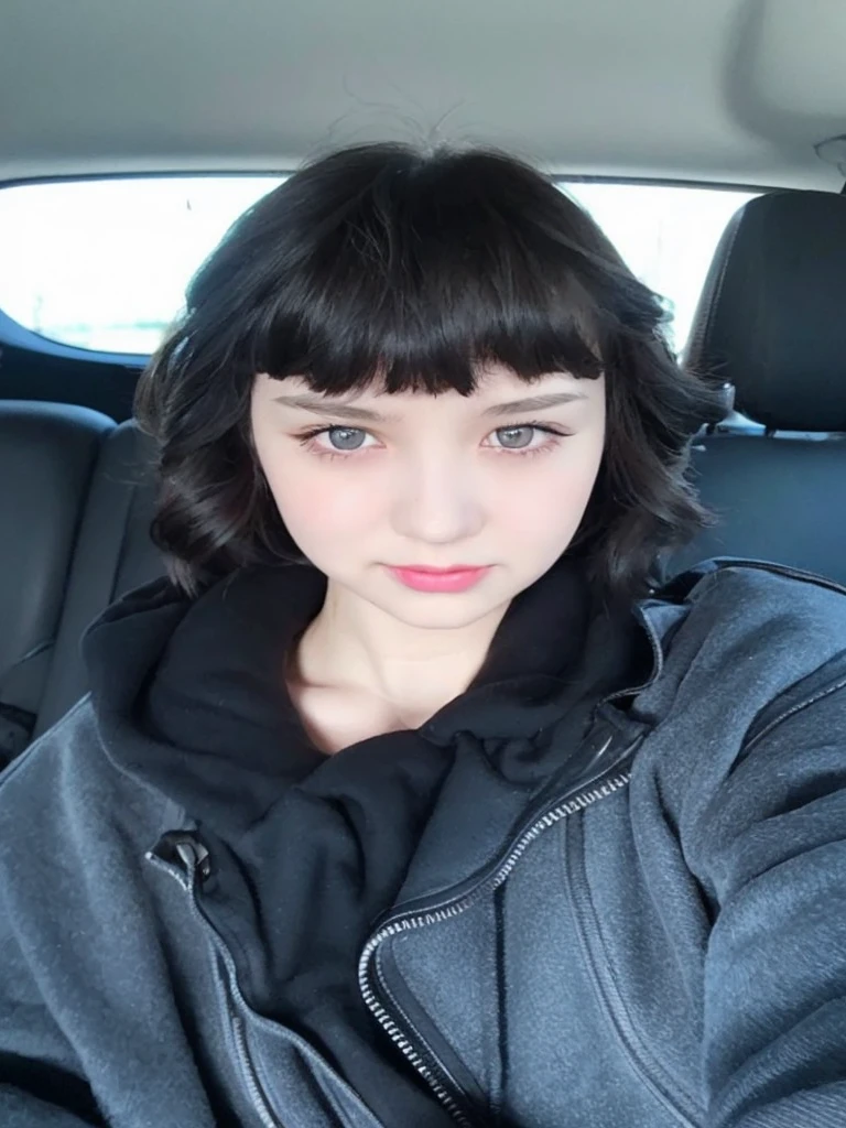 Pale teenage girl with silky black hair and bangs above her eyebrows, with small pink lips and a small, thin potato nose and dark brown eyes, taking photo in a black car looking at the camera with a black hoodie and good quality
