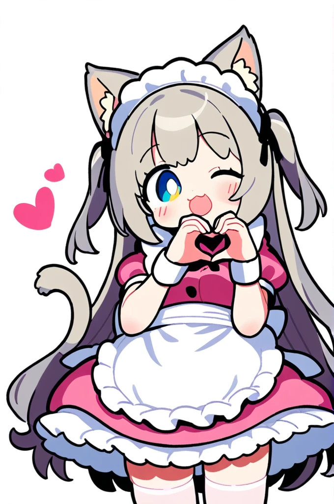 1girl, solo, long hair, breasts, looking at viewer, blush, bangs, simple background, thighhighs, white background, dress, bow, animal ears, very long hair, tail, short sleeves, grey hair, heart, frills, one eye closed, puffy sleeves, cat ears, apron, white thighhighs, two side up, puffy short sleeves, cat tail, animal ear fluff, wrist cuffs, maid, maid headdress, frilled dress, cat girl, pink dress, white apron, frilled apron, heart hands, :d, cute_style