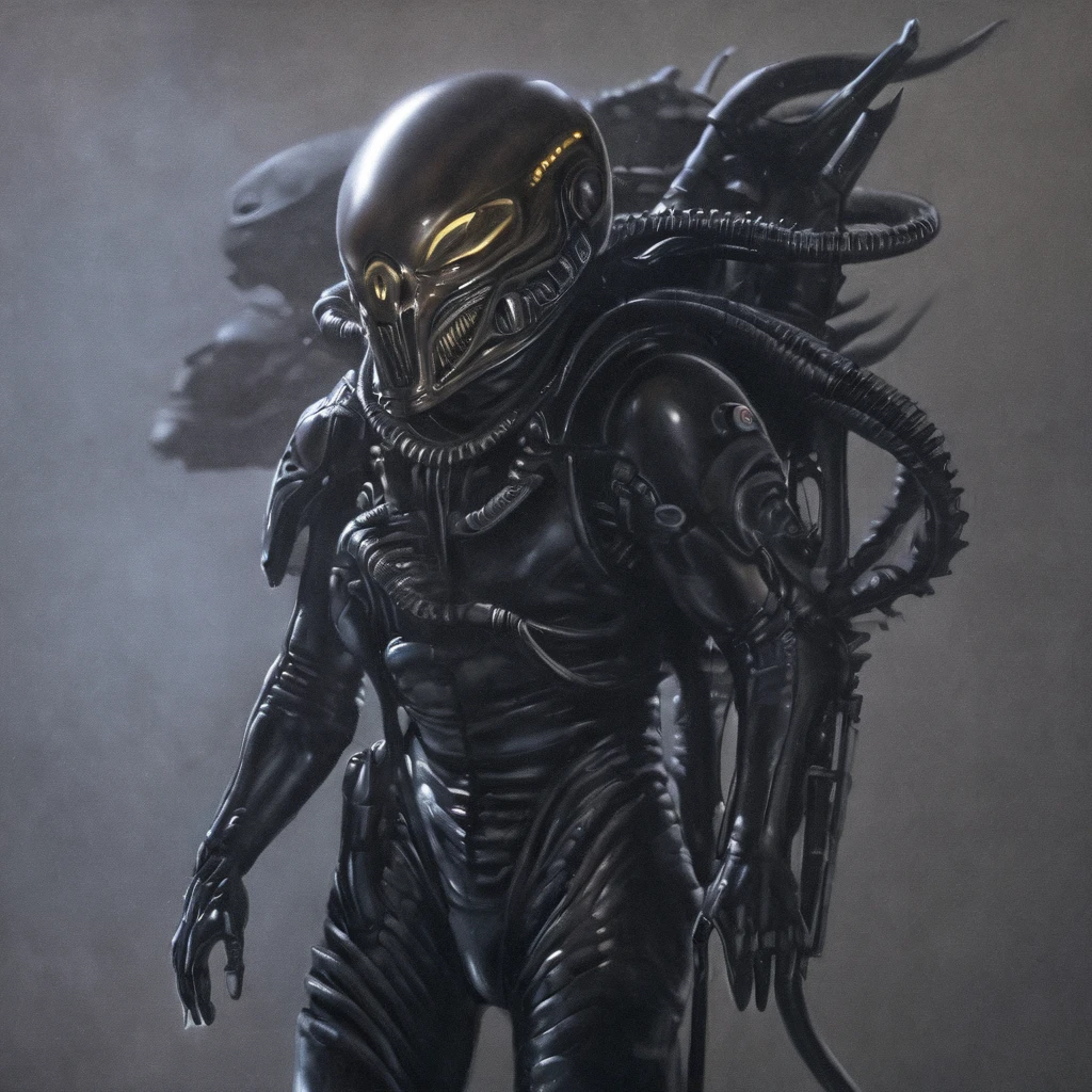 astronaut in a xenomorphic biosuit, (((not a helmet))) , look with arrogance, concentrated face, blaster in hand,  dark epic, Tense posture, Art style of Hans Giger, masterpiece, hyperrealistic oil painting, intense light, dark shadows, hyperrealistic, masterpiece, 8 k,