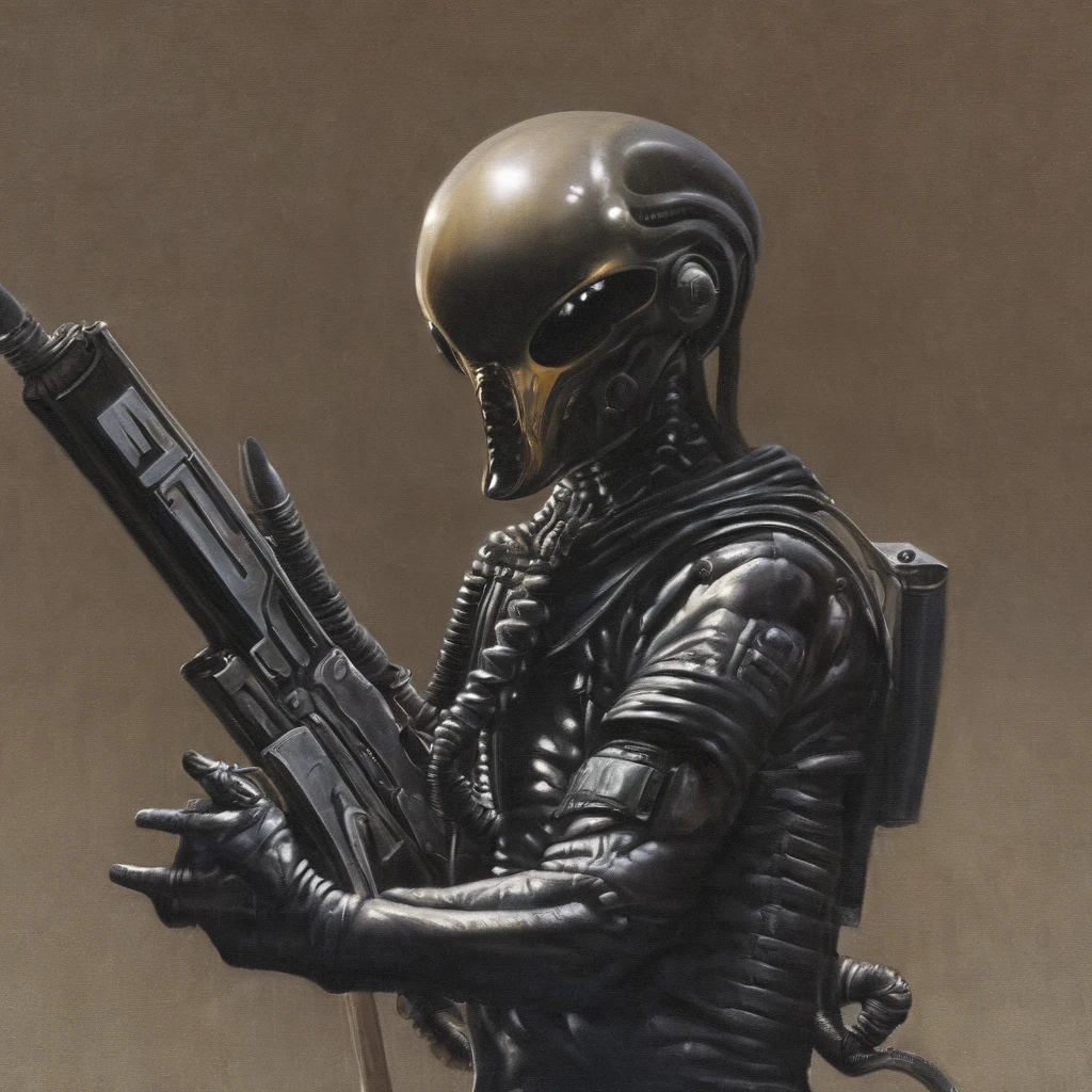 astronaut in a xenomorphic biosuit, (((not a helmet))) , look with arrogance, concentrated face, blaster in hand,  dark epic, Tense posture, Art style of Hans Giger, masterpiece, hyperrealistic oil painting, intense light, dark shadows, hyperrealistic, masterpiece, 8 k,