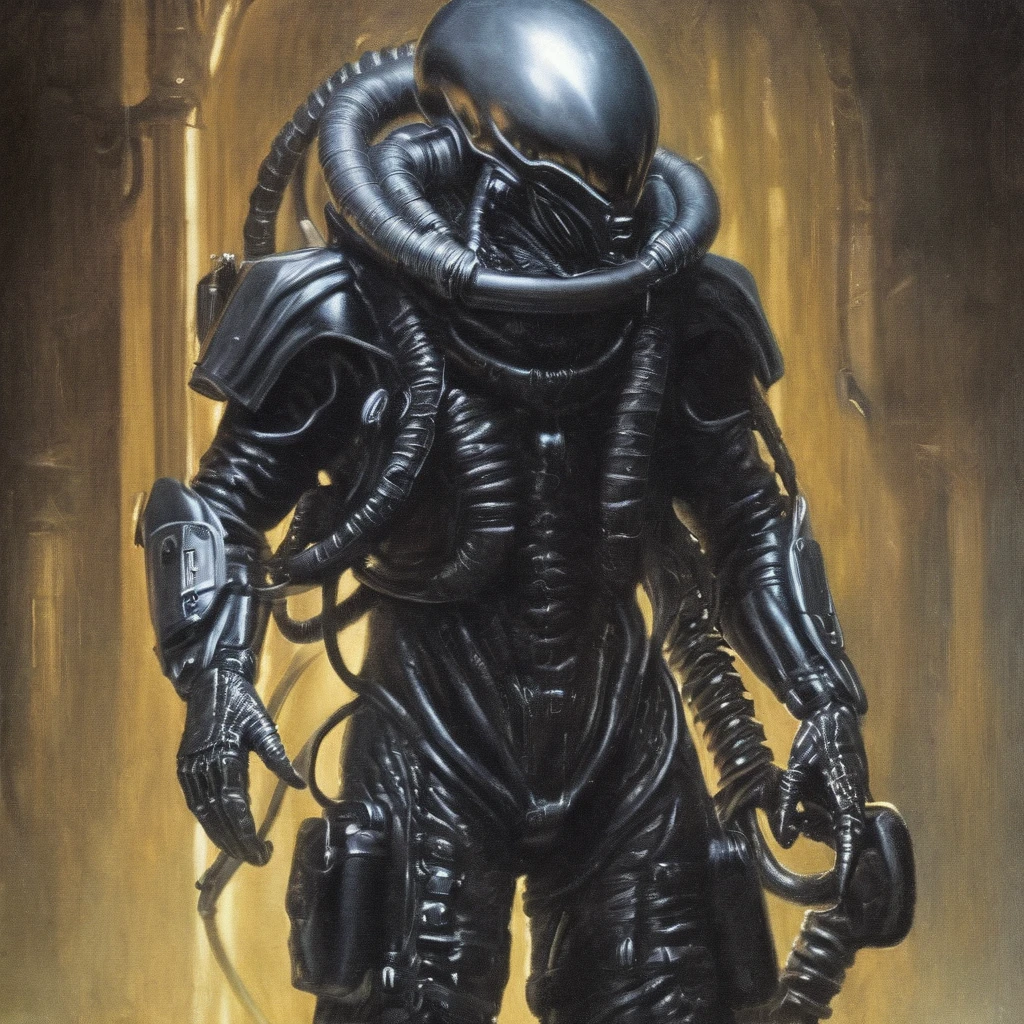 astronaut in a xenomorphic biosuit, (((not a helmet))) , look with arrogance, concentrated face, blaster in hand,  dark epic, Tense posture, Art style of Hans Giger, masterpiece, hyperrealistic oil painting, intense light, dark shadows, hyperrealistic, masterpiece, 8 k,