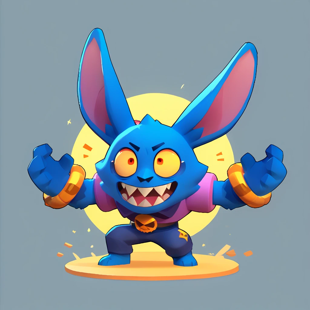 full body view of a furry creature, creature with a round body, antropomorphic, blue fur, long ear, bulging eyes, sharp teeth, smiling, nuclear bracelet on left arm, wearing pants, brawl, brawl stars
