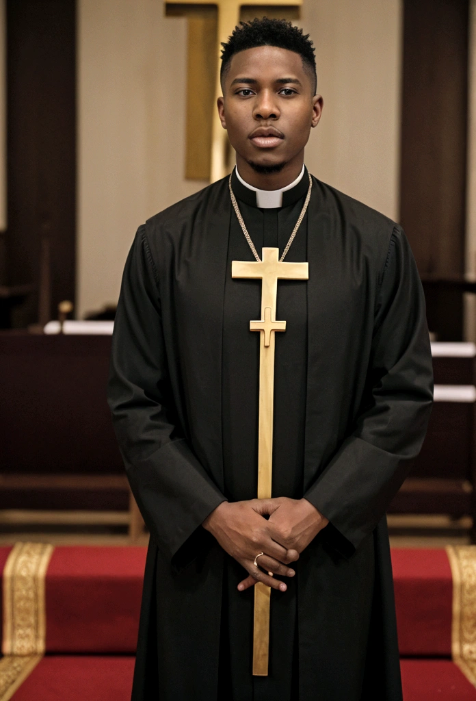 A (( young black male pastor wearing a large cross pendant, clergy collar, and robes)), in his ((living room)) with a ((50 year church mother who is wearing revealing clothing and is extremely busty showing a gross amount of cleavage:1.1)).