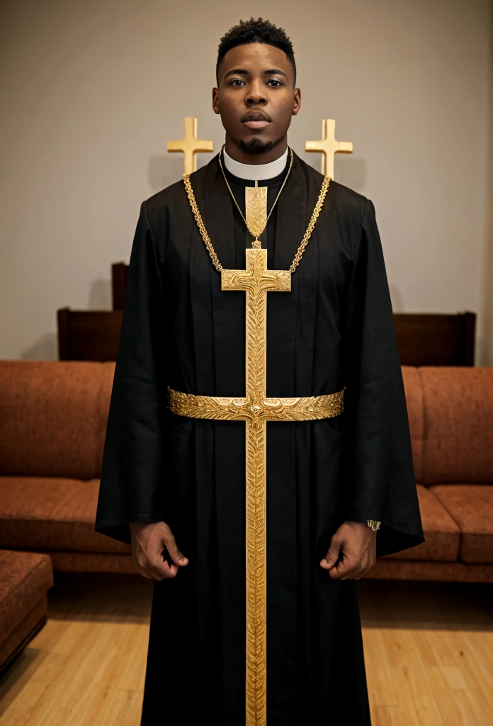 A (( young black male pastor wearing a large cross pendant, clergy collar, and robes)), in his ((living room)) with a ((50 year church mother who is wearing revealing clothing and is extremely busty showing a gross amount of cleavage:1.1)).