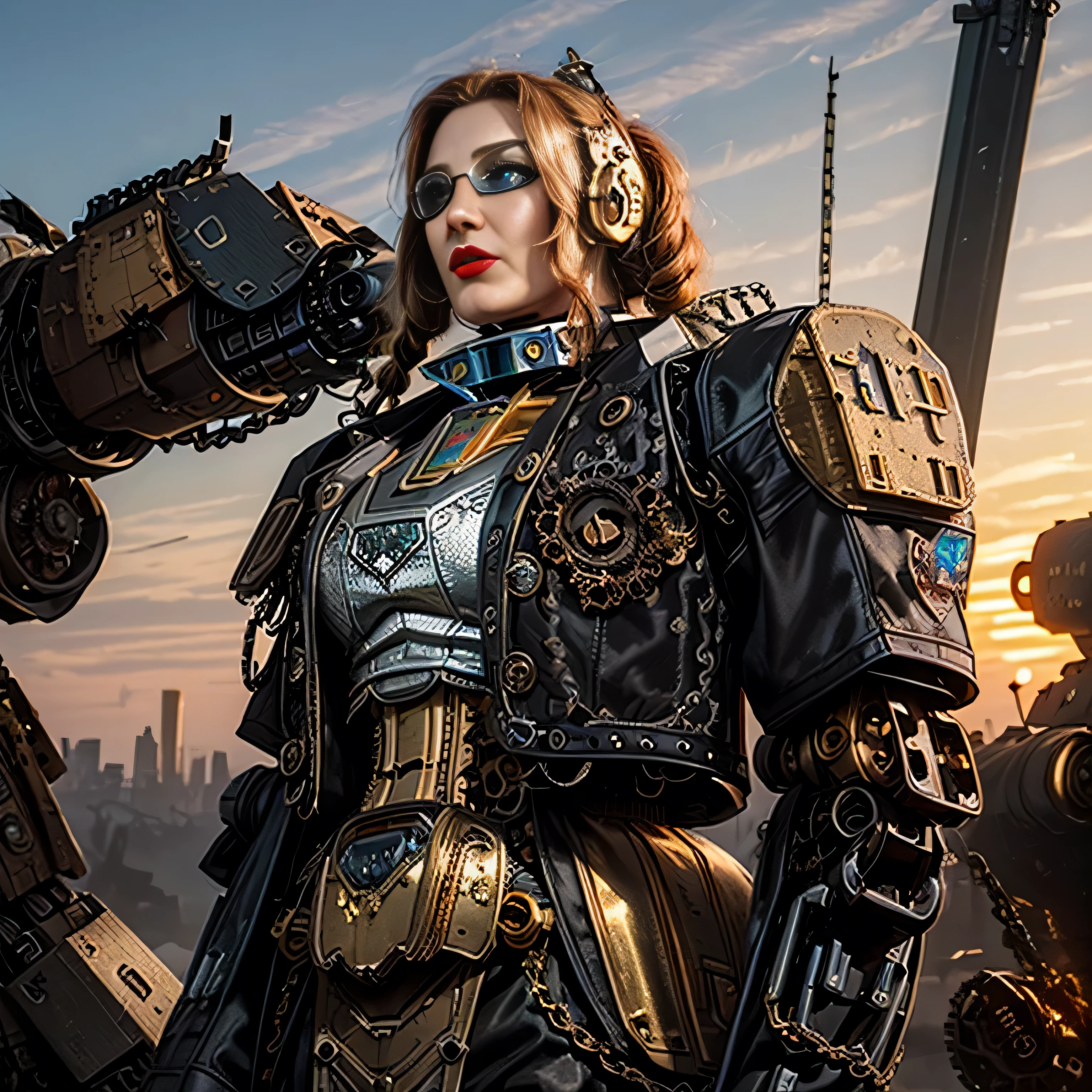 ((masterpiece, photorealistic:1.4, extremely intricate:1.3, photon mapping, radiosity, physically based rendering, ultra resolution, hyper-realistic, photorealistic:1.4, hyper-realistic, 8K)), ((((athletic female midbody, long pigtails windy [blonde hair:bright ginger hair:0.4], (([flat chest:medium breasts:0.8])), ((makeup:1.2, perfectchainmail, gold steampunk, black jacket), red lips, bright sunlight, sunset, silk shirt)), mirror swimgoggles))), outdoors, metal reflections, ((((futuristic apocalyptic city destroyed)))), professional photograph, soft focus, dramatic, award winning, cinematic lighting, volumetrics dtx, (film grain, blurry background, blurry foreground, bokeh, depth of field), BREAK; BREAK, (((((faraway Battlemech Dreadnaught Titan)))))