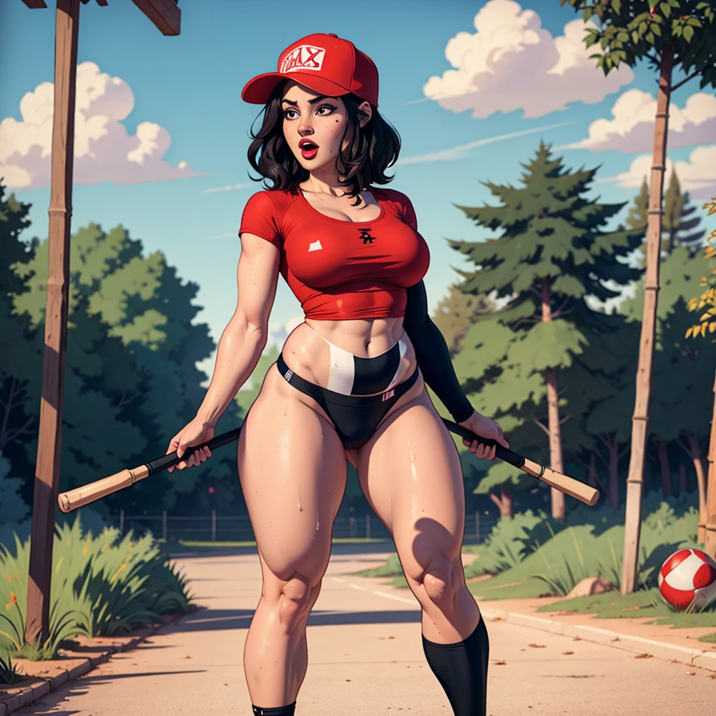 1female,36 years old,MILF,mature,Bigchest,Big breasts Thin waist,long leges,Raised sexy,Pornographic exposure, solo,(Background with:bamboo forrest,clubs) She has very short black hair,standing on your feet,Sweat profusely,drenched all over the body,seen from the front, hair straight, mostly cloudy sky,(((tmasterpiece),(Very detailed CG unity 8K wallpaper),best qualtiy,cinmatic lighting,detailed back ground,beatiful detailed eyes,Bright pupils,(Very fine and beautiful),(Beautiful and detailed eye description),Black eyes,Redlip,ultra - detailed,tmasterpiece,)),facing at camera,(The upper part of the body),A high resolution,ultra - detailed),revealing breasts,Bare genitals, Bulge,legs are open,sexyposture,Camel toes,Flushed complexion,Open-mouthed,frontage,(Wearing:baseball cap,Red baseball shirt,black colored leggings,athletic sneakers),Full body photo,Show shoes