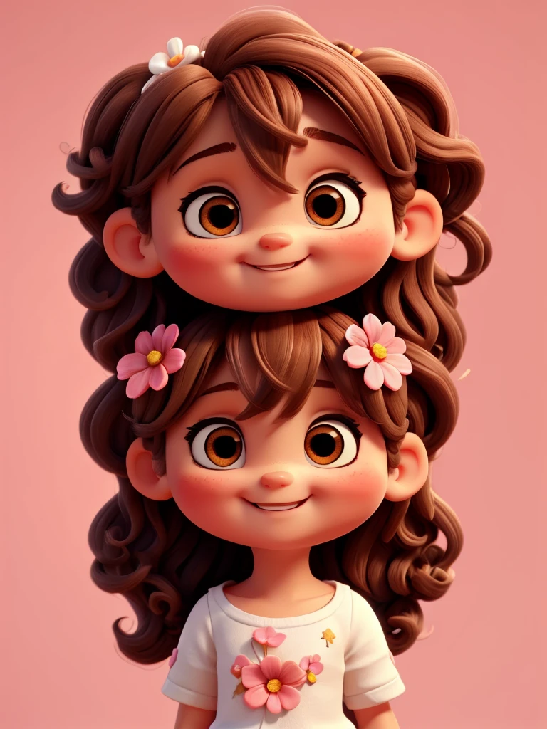 cute baby chibi girl brown hair, flower in head, white and pink background, smiling happy,
