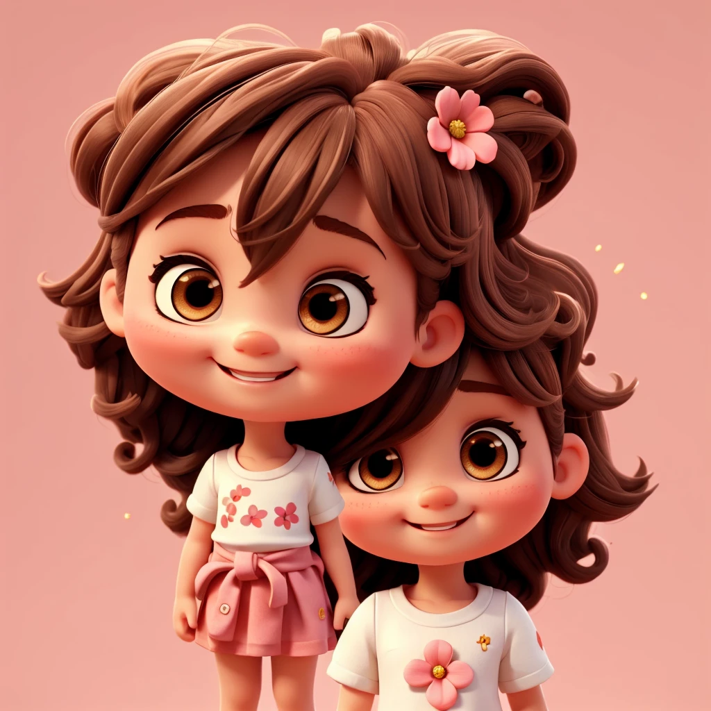 cute baby chibi girl brown hair, flower in head, white and pink background, smiling happy,
