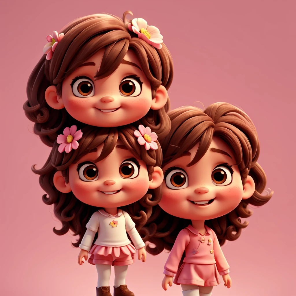 cute baby chibi girl brown hair, flower in head, white and pink background, smiling happy,
