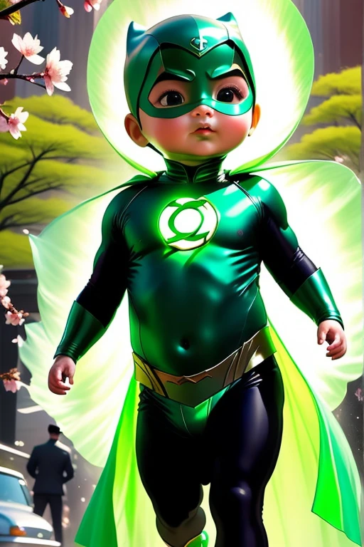 A majestic, time capsule unfurls before us, its worn, golden edges creaking with age. A tender ink wash painting of a chubby-cheeked baby Green Lantern dominates the center, futuristic Gotham City in the background surrounded by delicate brushstrokes of modern Asian artistry. Whispers of cherry blossom petals and wispy clouds dance across the borders, as if carried on the gentle breeze of a spring morning. The capsule's parchment glows with an otherworldly luminescence, set against a rich, burnt-orange background that seems to pulse with the warmth of a crackling fire. Vibrant colors burst forth from the edges, like the first blush of dawn on a summer solstice - chromatic aberration adds a mesmerizing depth, as if we could reach out and touch the tender strokes. The overall effect is a cinematic masterpiece, a UHD-worthy still-life that defies the boundaries of time and space.