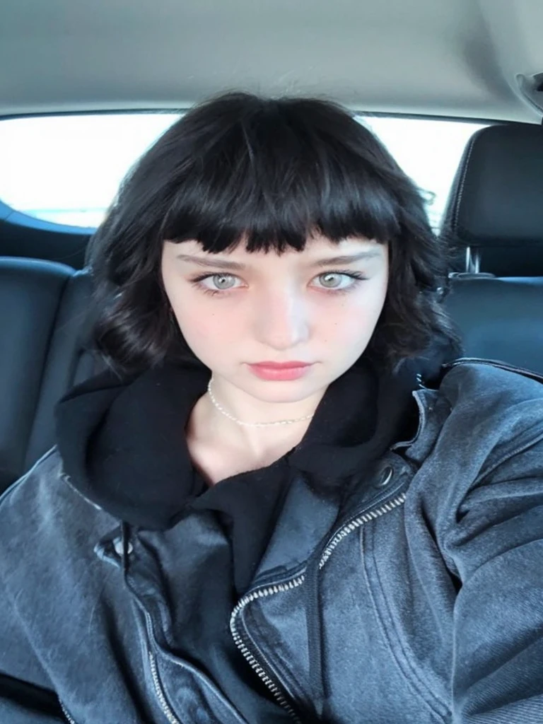 Pale teenage girl with silky black hair and bangs above her eyebrows, with small pink lips and a small, thin potato nose and dark black eyes, taking photo in a black car looking at the camera with a black hoodie and good quality 