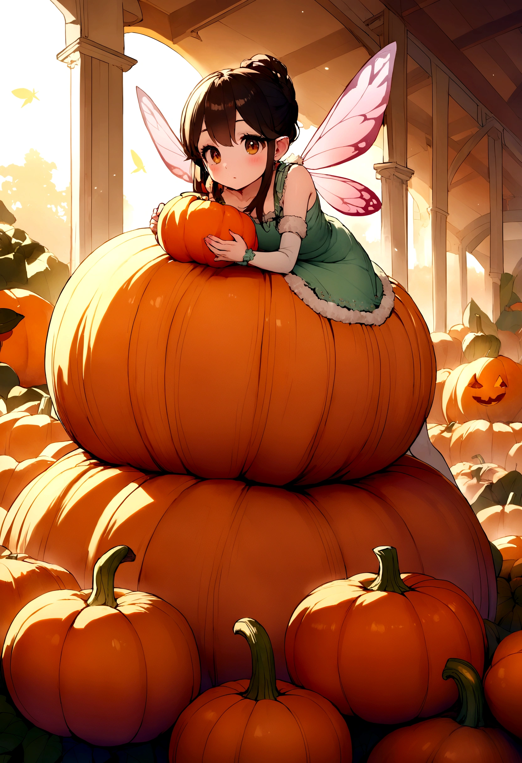 a  fairy flying over a pile of Pumpkins , holding one Pumpkin on her hand