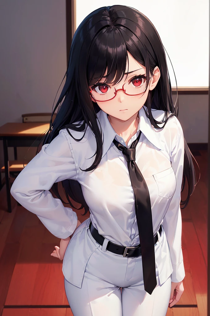 (masterpiece; best quality: 1.2), (finely detailed eyes: 1.3), ((25 year old woman)), ((solo)), (red eyes: 1.4), (body; gorgeous, luscious, femenine: 1.3), (silky black hair: 1.3), (beautiful and clear background: 1.2), ((depth of field)), (equipment: white unbuttoned labcoat + black shirt + white necktie + white pants + black belt + black square glasses: 1.3), (anime illustration: 1.2), (background composition; japanese highschool classroom + furniture: 1.1), (extremely fine and beautiful: 1.1), (shot composition; standing + centered on torso + close-up: 1.5), (expression; calm, stoic: 1.2)